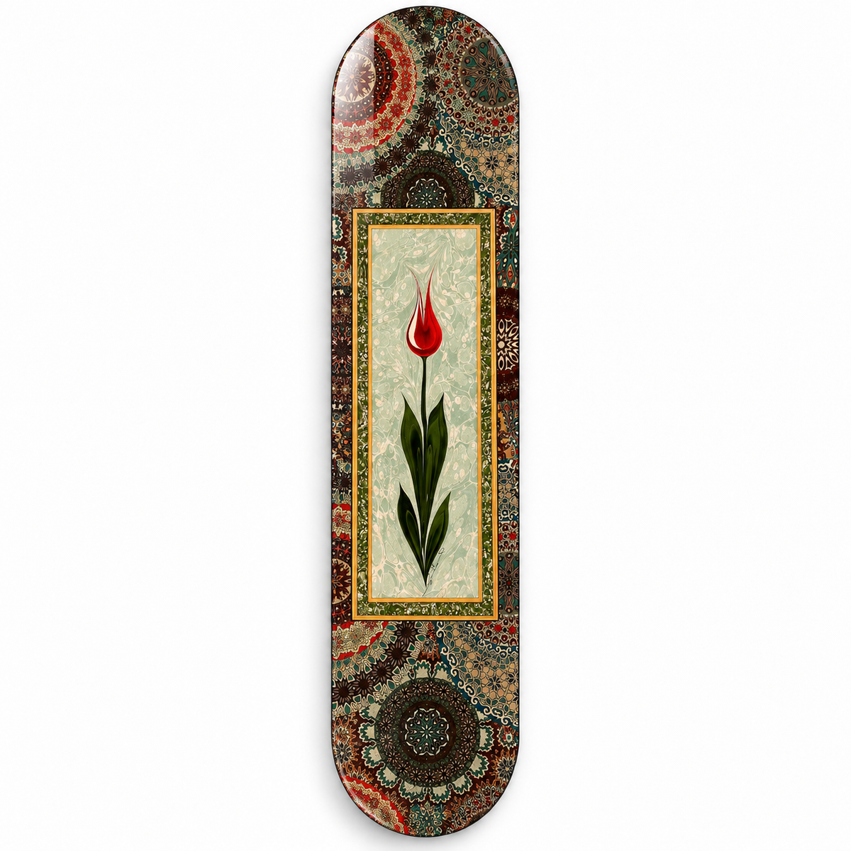 Tezhip Desenli Kırmızı Lale Dikey Skate Board Cam Tablo – Beyaz vitrin
