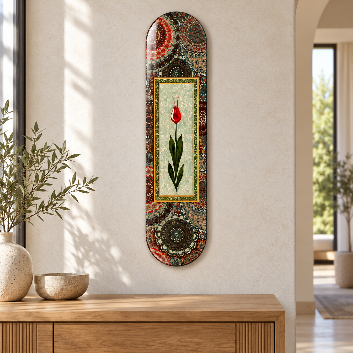 Tezhip Desenli Kırmızı Lale Dikey Skate Board Cam Tablo – Antre