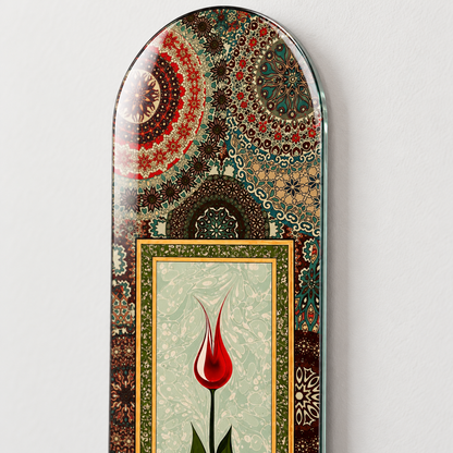 Tezhip Desenli Kırmızı Lale Dikey Skate Board Cam Tablo – 4 mm yuvarlatılmış kenar