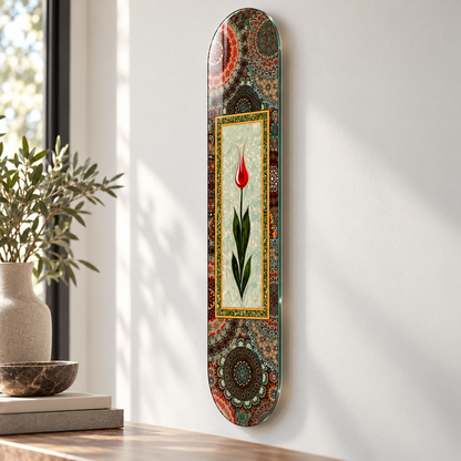 Tezhip Desenli Kırmızı Lale Dikey Skate Board Cam Tablo – Duvar mesafesi