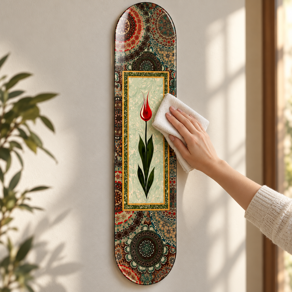 Tezhip Desenli Kırmızı Lale Dikey Skate Board Cam Tablo – Mikrofiber temizlik