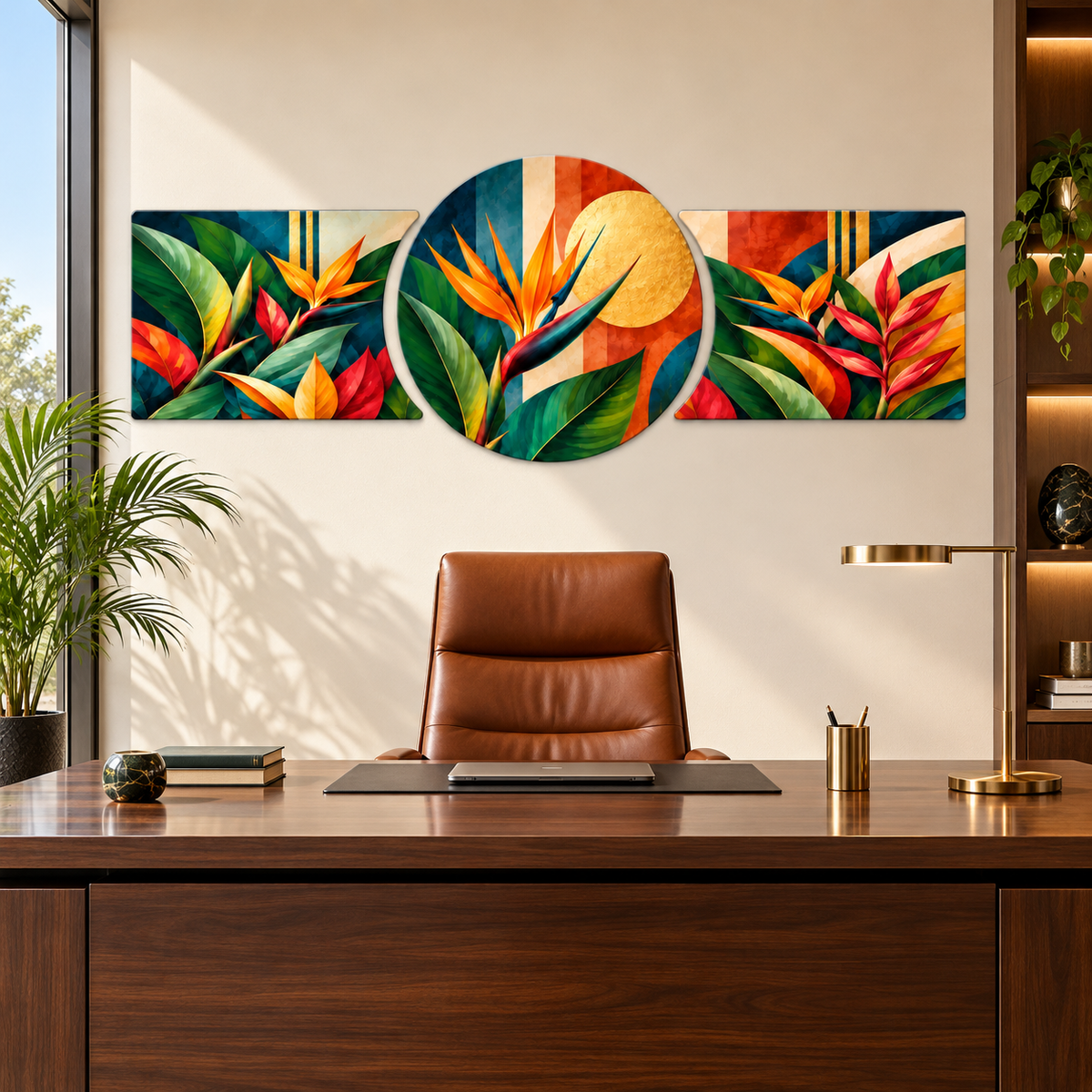 Altın Güneş ve Tropikal Çiçekler Şekilli Kesim Cam Tablo — Ofis