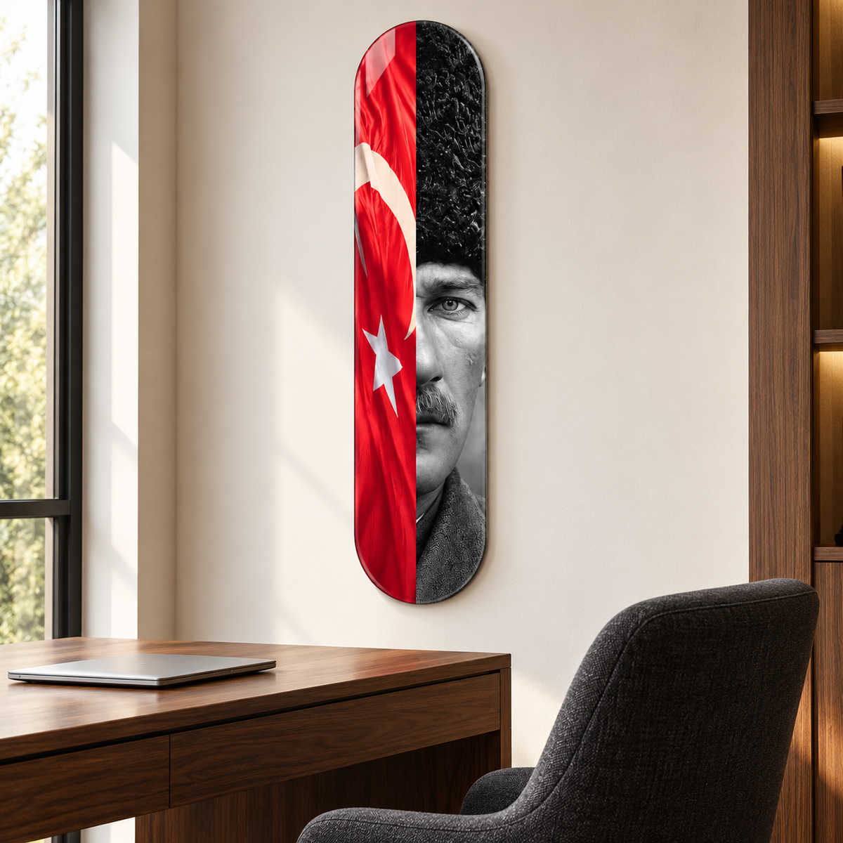 Türk Bayrağı ve Atatürk Portresi Dikey Skate Board Cam Tablo – Çalışma odasında görünüm
