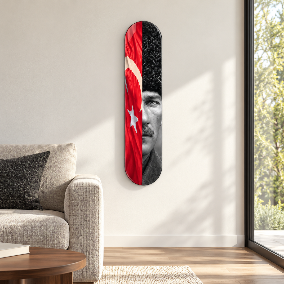 Türk Bayrağı ve Atatürk Portresi Dikey Skate Board Cam Tablo – Salonda görünüm
