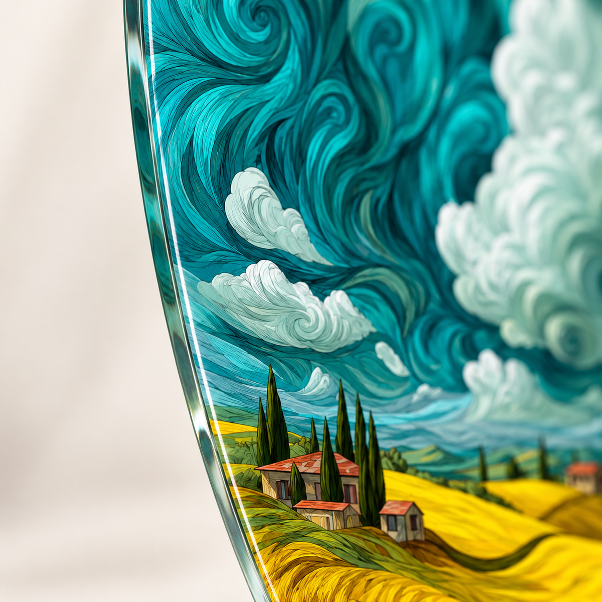 Turkuaz Gökyüzü ve Altın Tarlalar Dikey Oval Cam Tablo - 4 mm ince cam kenarı