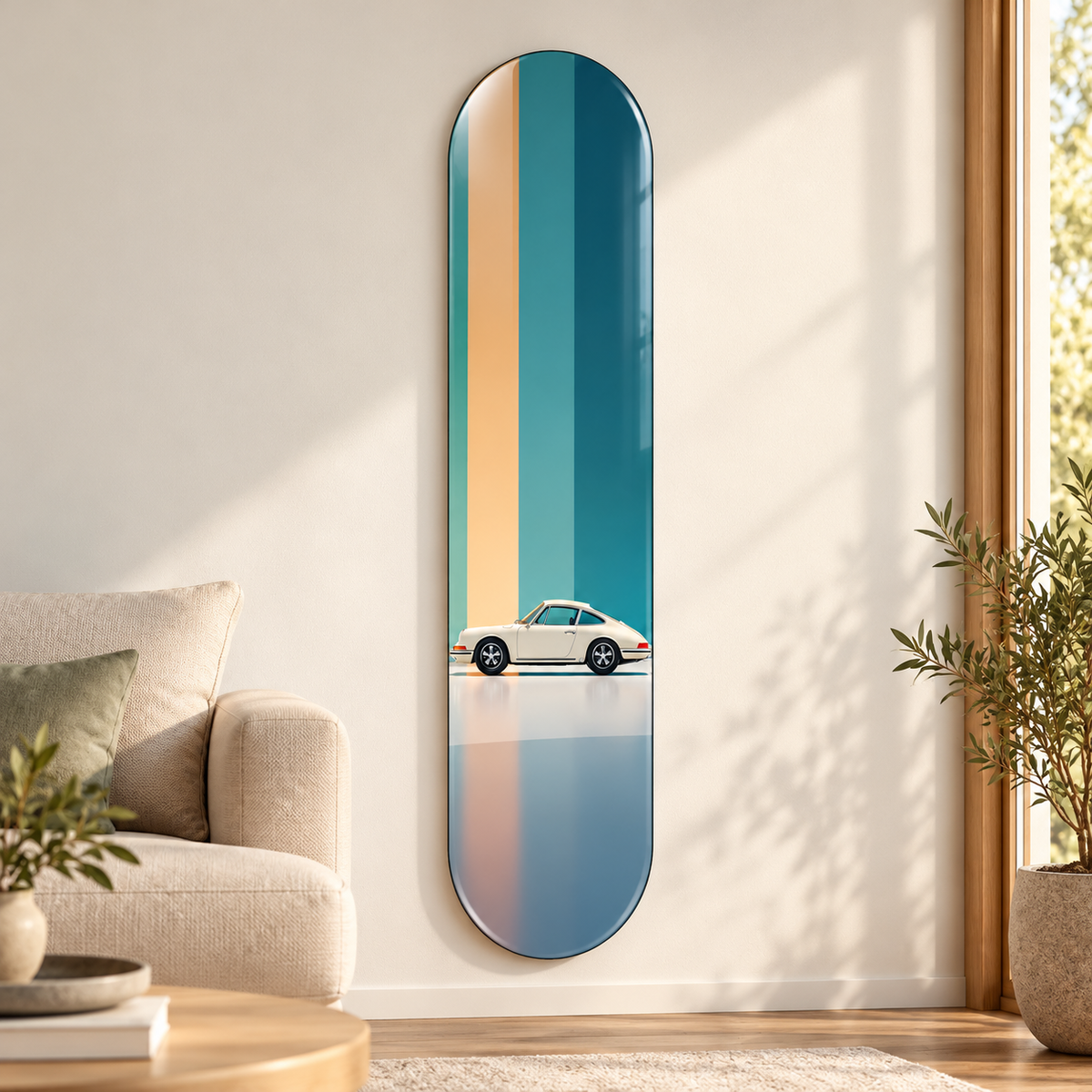 Turkuaz Bej Zeminde Krem Klasik Spor Otomobil Dikey Skate Board Cam Tablo – Salon