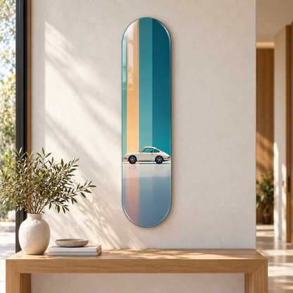 Turkuaz Bej Zeminde Krem Klasik Spor Otomobil Dikey Skate Board Cam Tablo – Antre