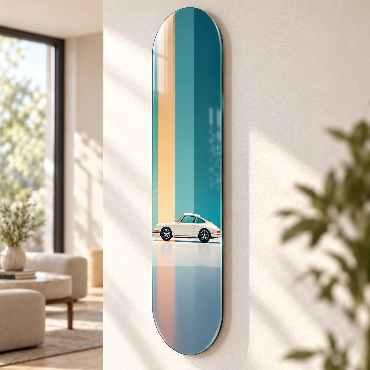 Turkuaz Bej Zeminde Krem Klasik Spor Otomobil Dikey Skate Board Cam Tablo – Duvardan mesafe