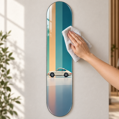 Turkuaz Bej Zeminde Krem Klasik Spor Otomobil Dikey Skate Board Cam Tablo – Temizlik