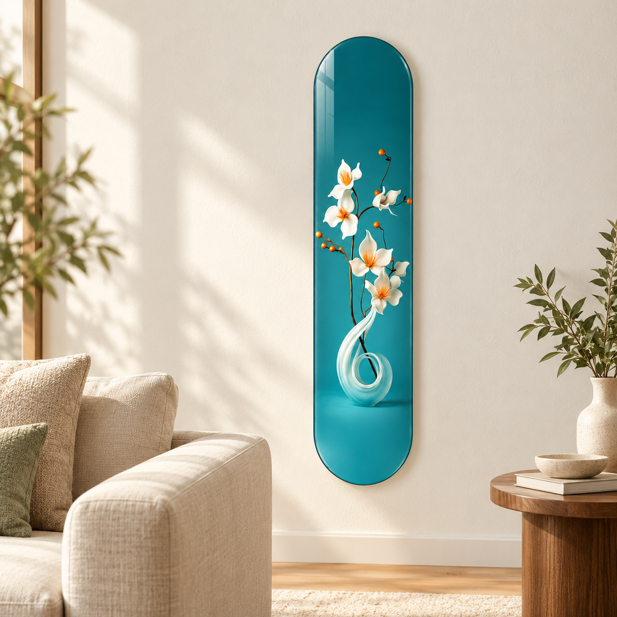 Turkuaz Zeminde Beyaz Çiçekler Dikey Skate Board Cam Tablo – Salonda görünüm
