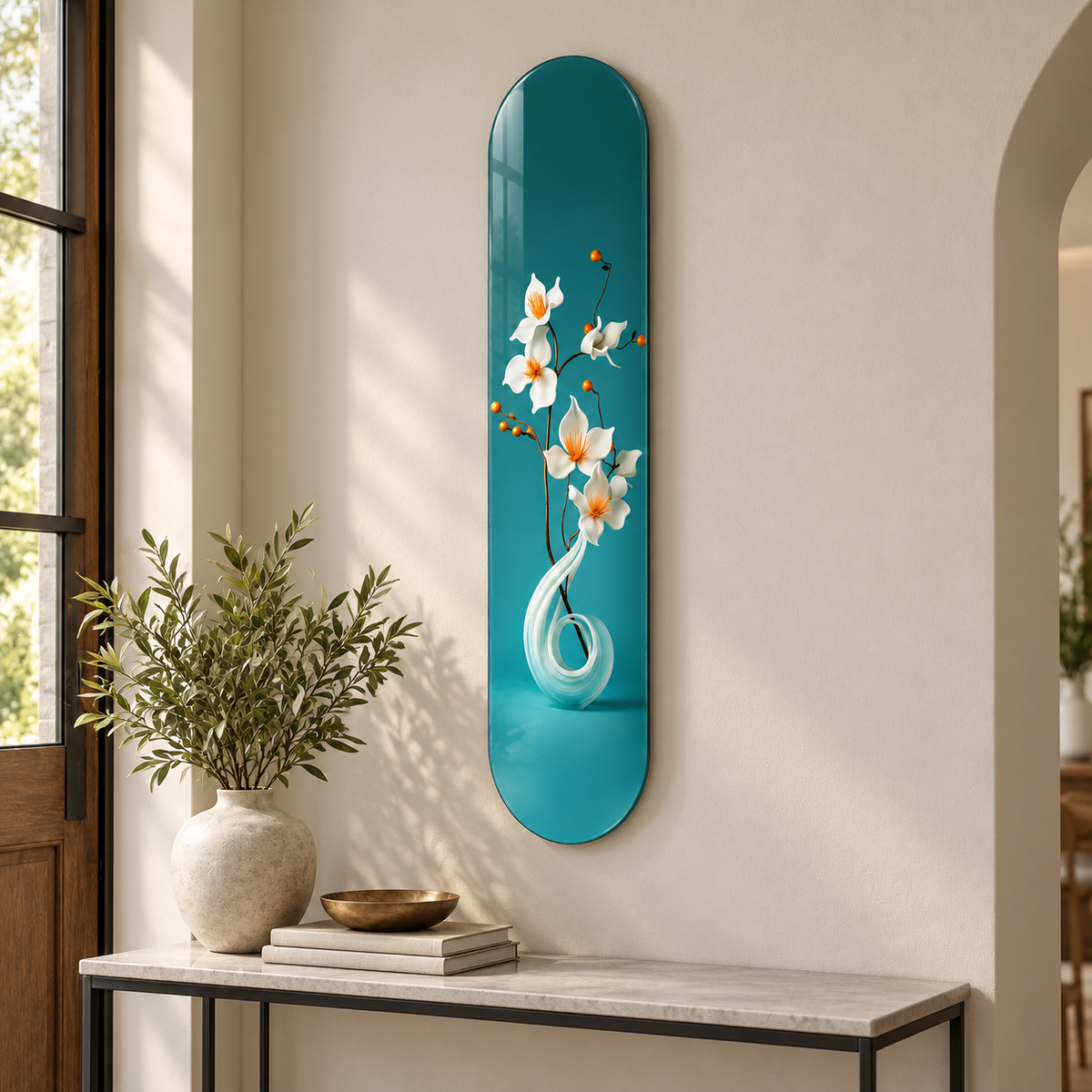 Turkuaz Zeminde Beyaz Çiçekler Dikey Skate Board Cam Tablo – Antrede görünüm