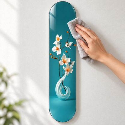 Turkuaz Zeminde Beyaz Çiçekler Dikey Skate Board Cam Tablo – Mikrofiber bezle bakım