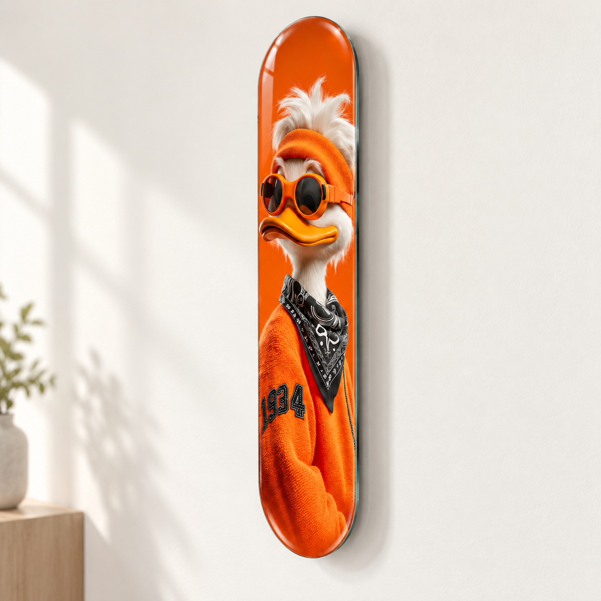 Turuncu Gözlüklü Ördek Dikey Skate Board Cam Tablo - Duvardan mesafe