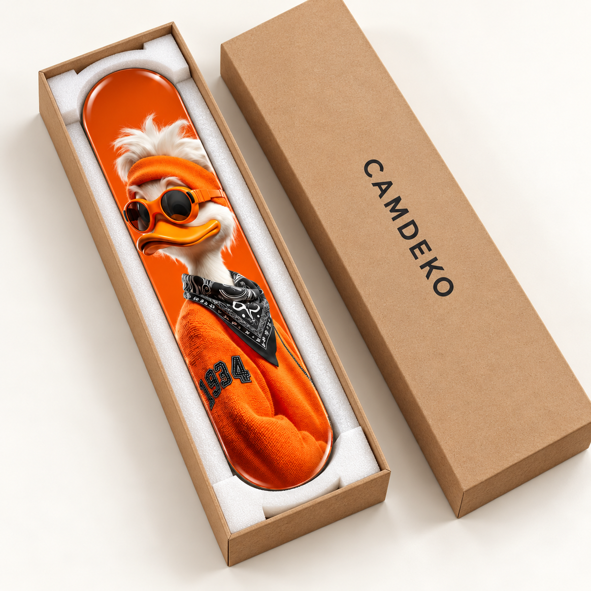 Turuncu Gözlüklü Ördek Dikey Skate Board Cam Tablo - CAMDEKO koruyucu ambalaj