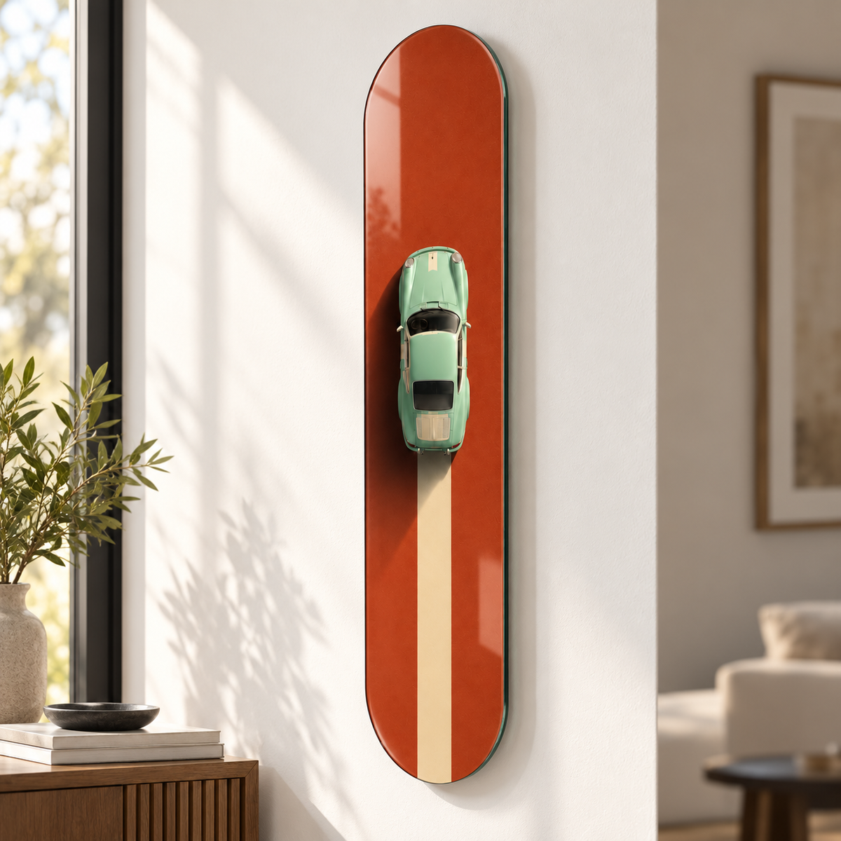 Turuncu Yolda Mint Yeşili Klasik Otomobil Dikey Skate Board Cam Tablo – Duvardan mesafe