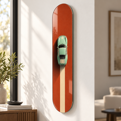 Turuncu Yolda Mint Yeşili Klasik Otomobil Dikey Skate Board Cam Tablo – Duvardan mesafe