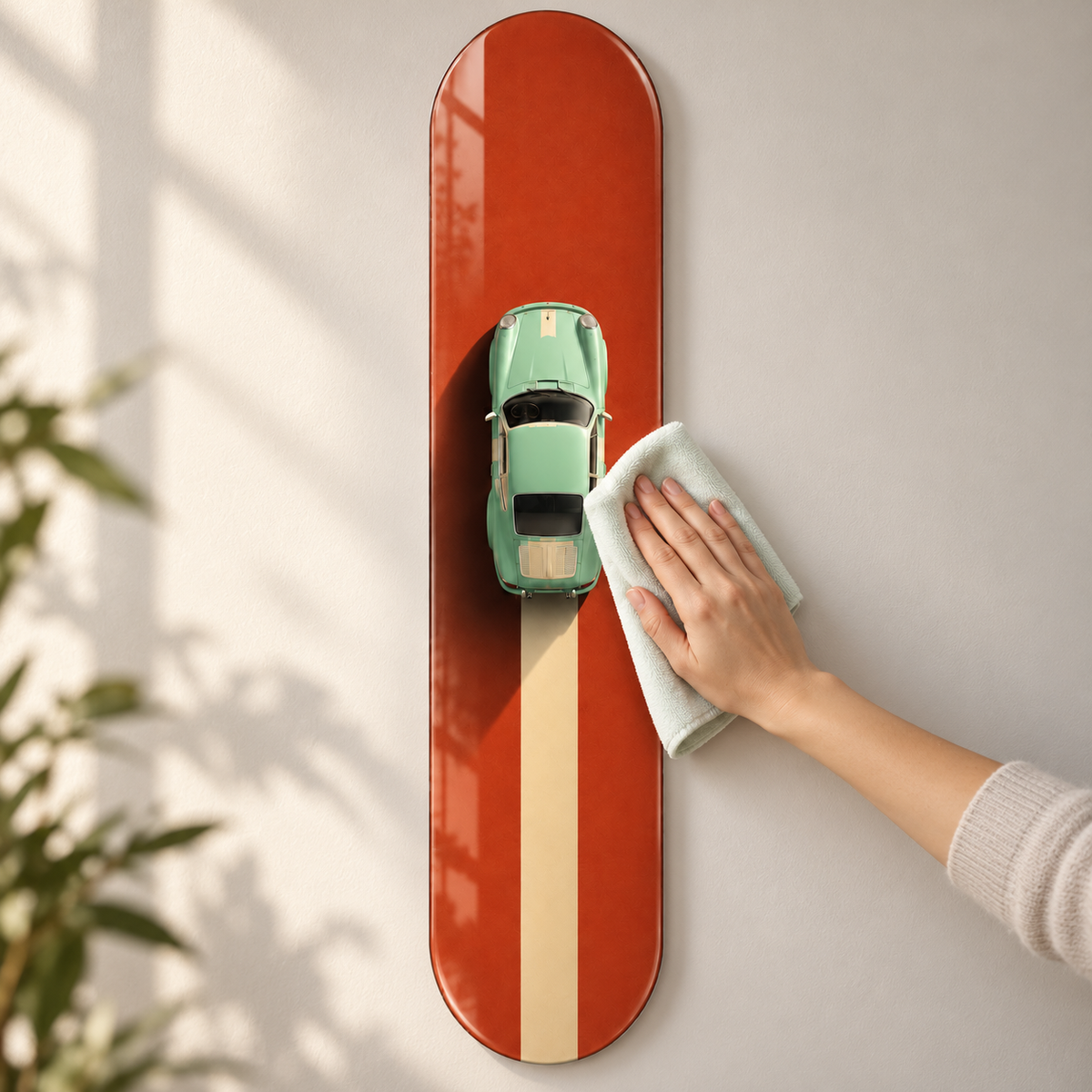 Turuncu Yolda Mint Yeşili Klasik Otomobil Dikey Skate Board Cam Tablo – Temizlik