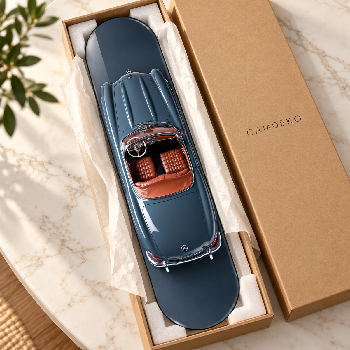 Üstten Görünümlü Lacivert Klasik Cabrio Dikey Skate Board Cam Tablo – Paketleme