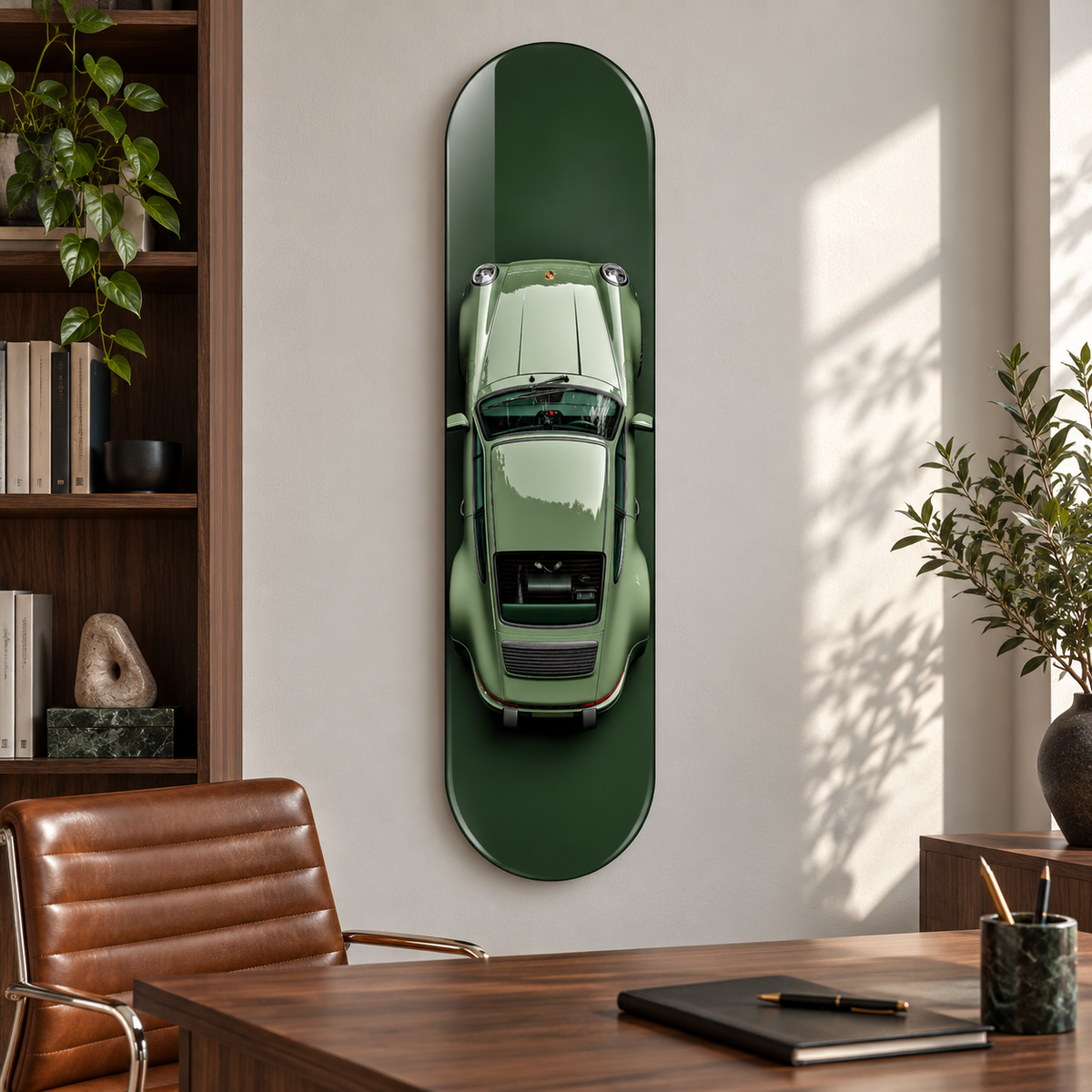Üstten Görünümlü Zeytin Yeşili Klasik Otomobil Dikey Skate Board Cam Tablo – Çalışma odası