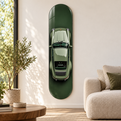 Üstten Görünümlü Zeytin Yeşili Klasik Otomobil Dikey Skate Board Cam Tablo – Salon