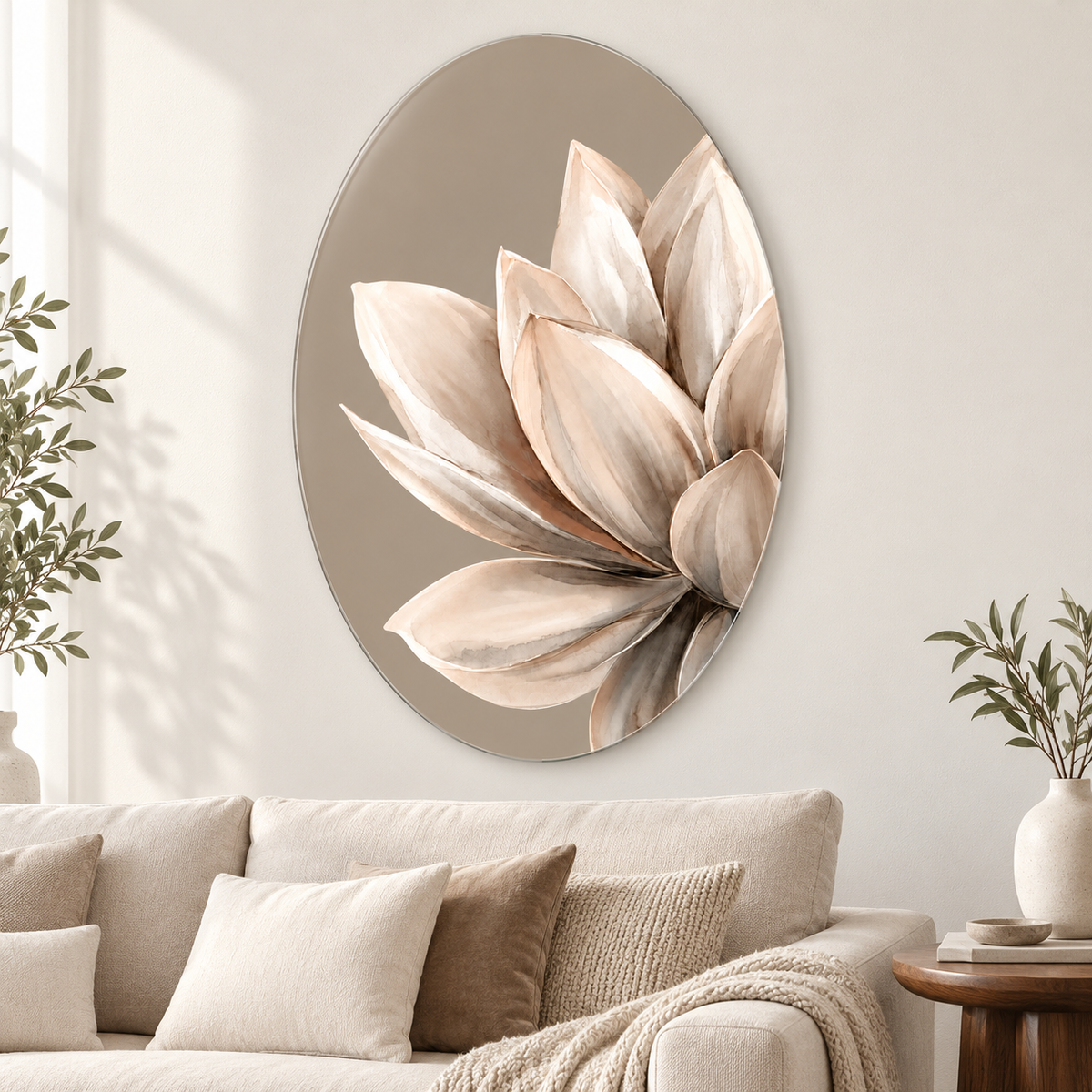 Vizon Zeminli Krem Çiçek Dikey Oval Cam Tablo - Premium salon