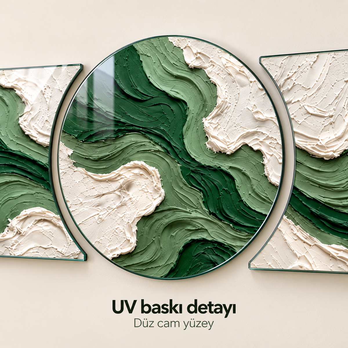Yeşil ve Beyaz Dalga Desenli Şekilli Kesim Cam Tablo — UV baskı detayı