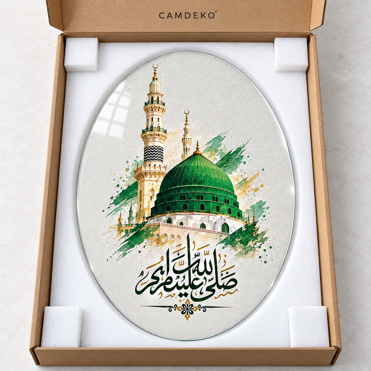 Yeşil Kubbe ve Salavat Hatlı Dikey Oval Cam Tablo - Koruyucu paketleme