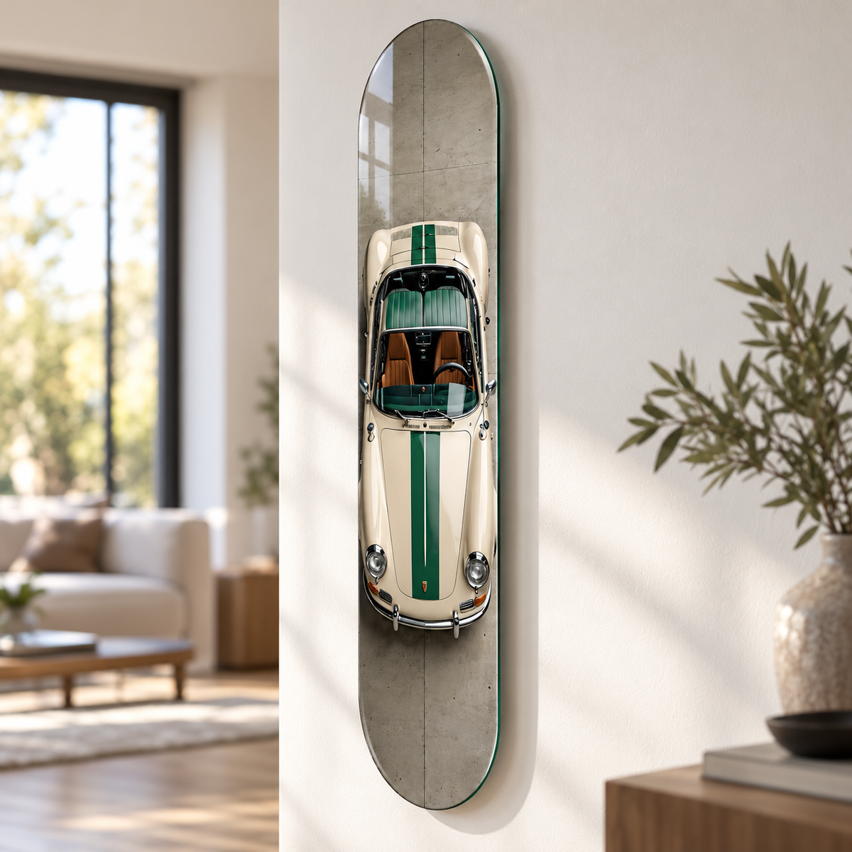 Yeşil Şeritli Krem Klasik Roadster Dikey Skate Board Cam Tablo – Duvardan mesafe