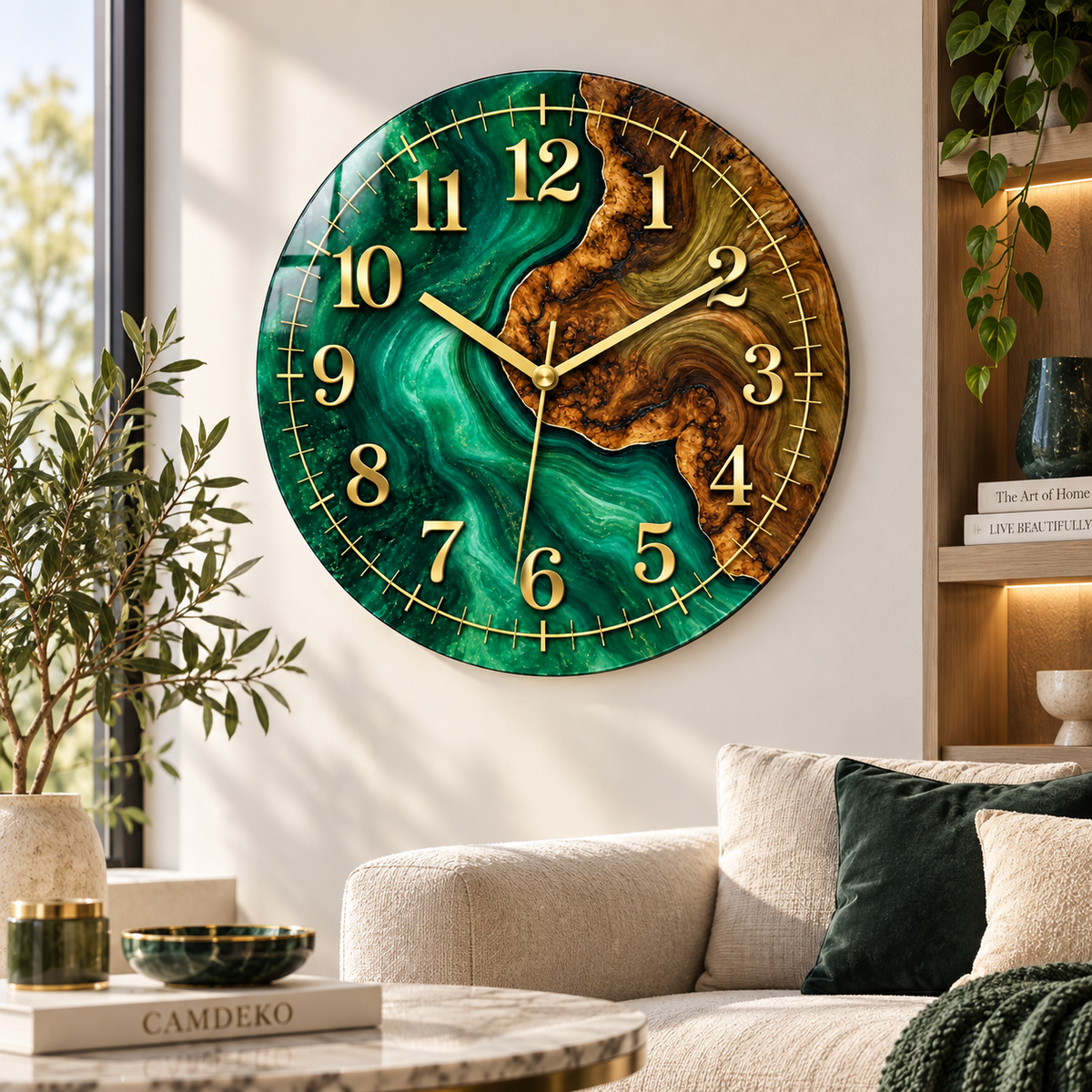 Zümrüt yeşili ve ahşap desenli gold cam duvar saatinin aydınlık modern salonda görünümü