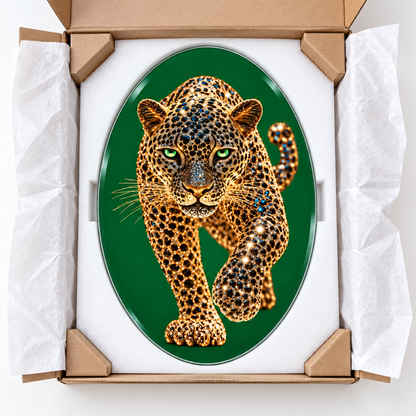 Zümrüt Zeminli Mücevher Leopar Dikey Oval Cam Tablo - Koruyucu paketleme