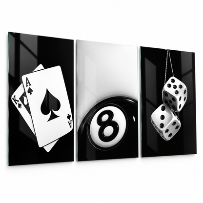 İskambil kartları 8 numaralı bilardo topu zar temalı 3'lü cam tablo beyaz zemin vitrin