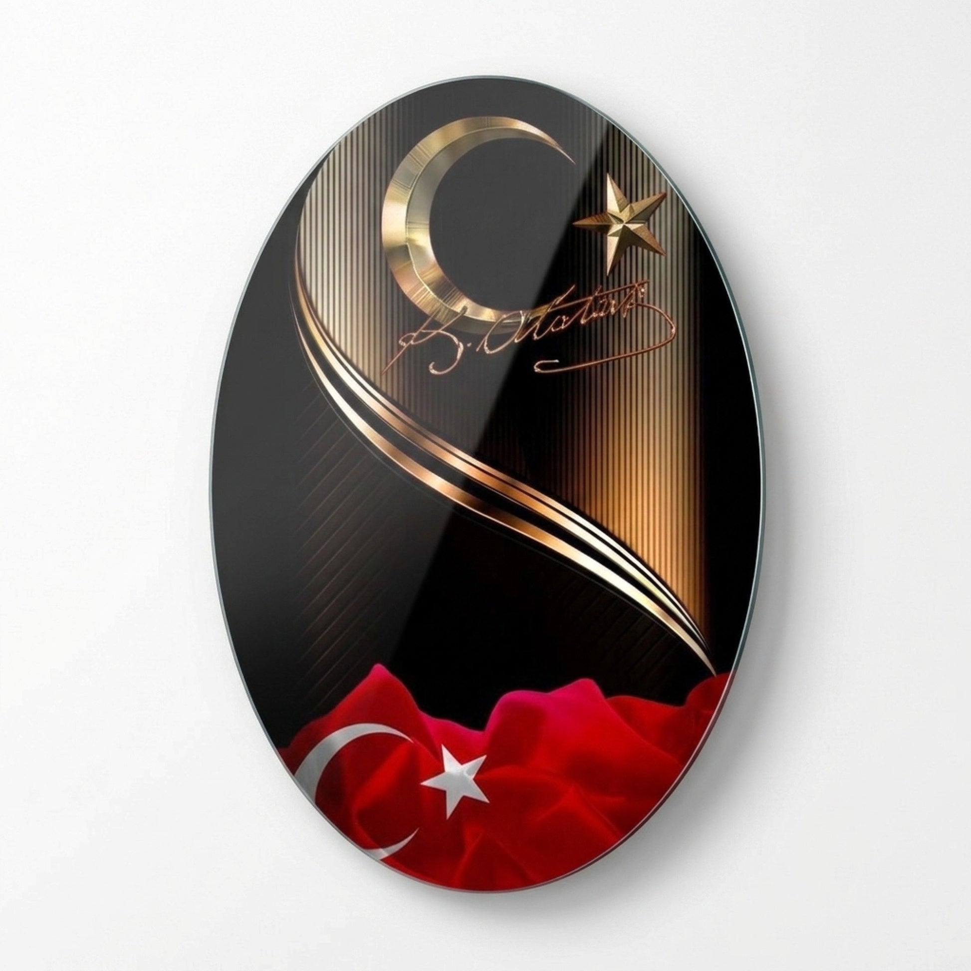 Gold Atatürk İmzası Ve Ay Yıldız Temperli Oval Dikey Cam Tablo