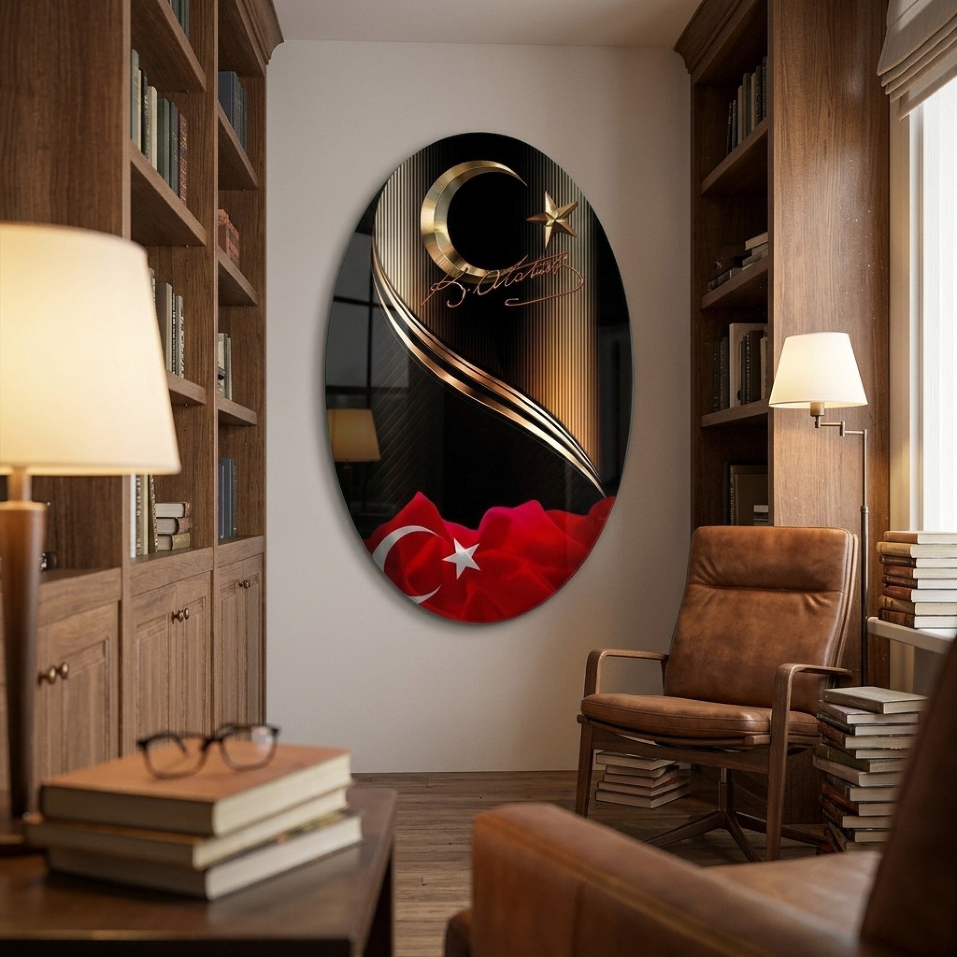 Gold Atatürk İmzası Ve Ay Yıldız Temperli Oval Dikey Cam Tablo