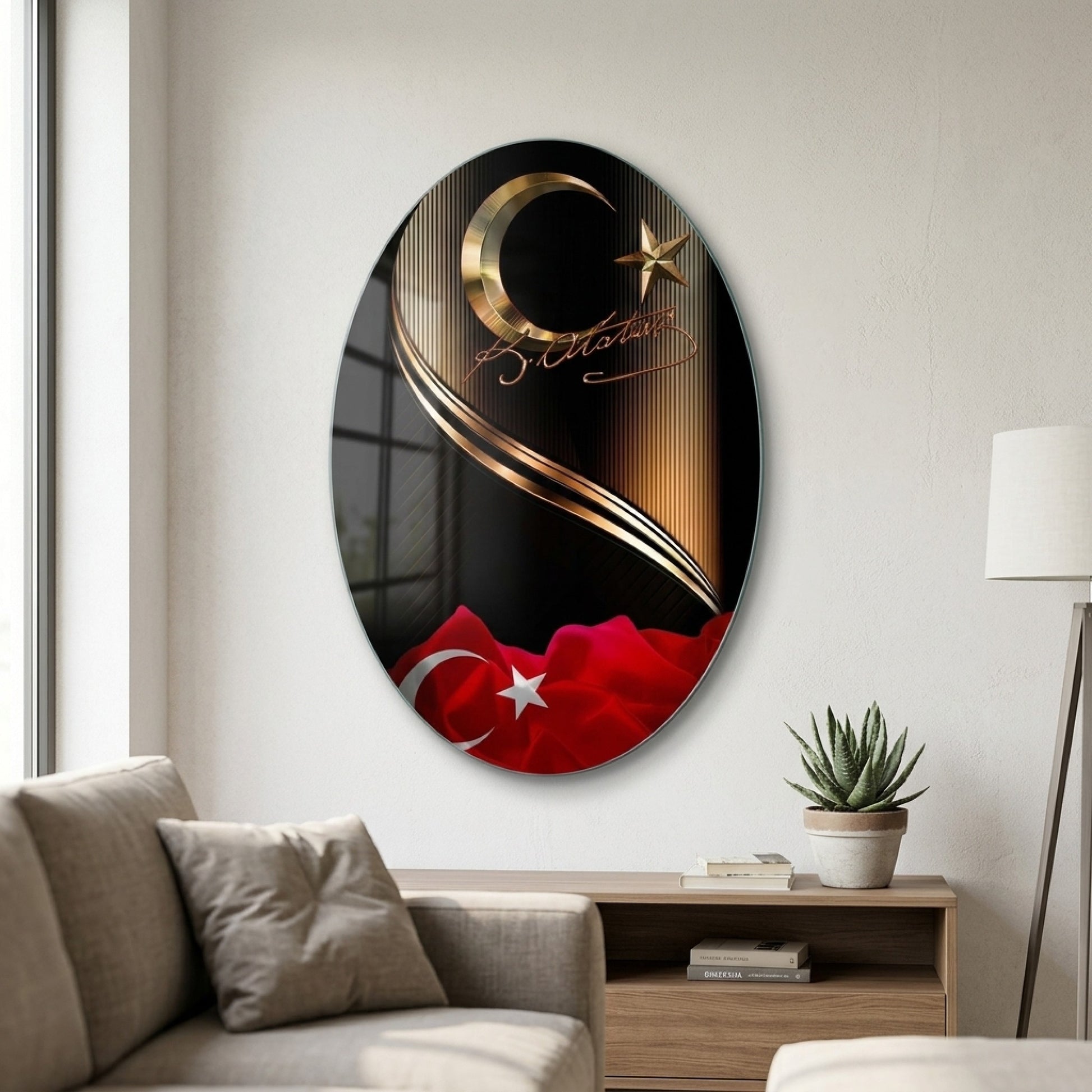 Gold Atatürk İmzası Ve Ay Yıldız Temperli Oval Dikey Cam Tablo