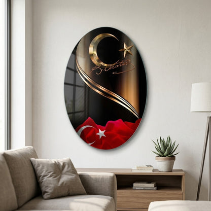 Gold Atatürk İmzası Ve Ay Yıldız Temperli Oval Dikey Cam Tablo