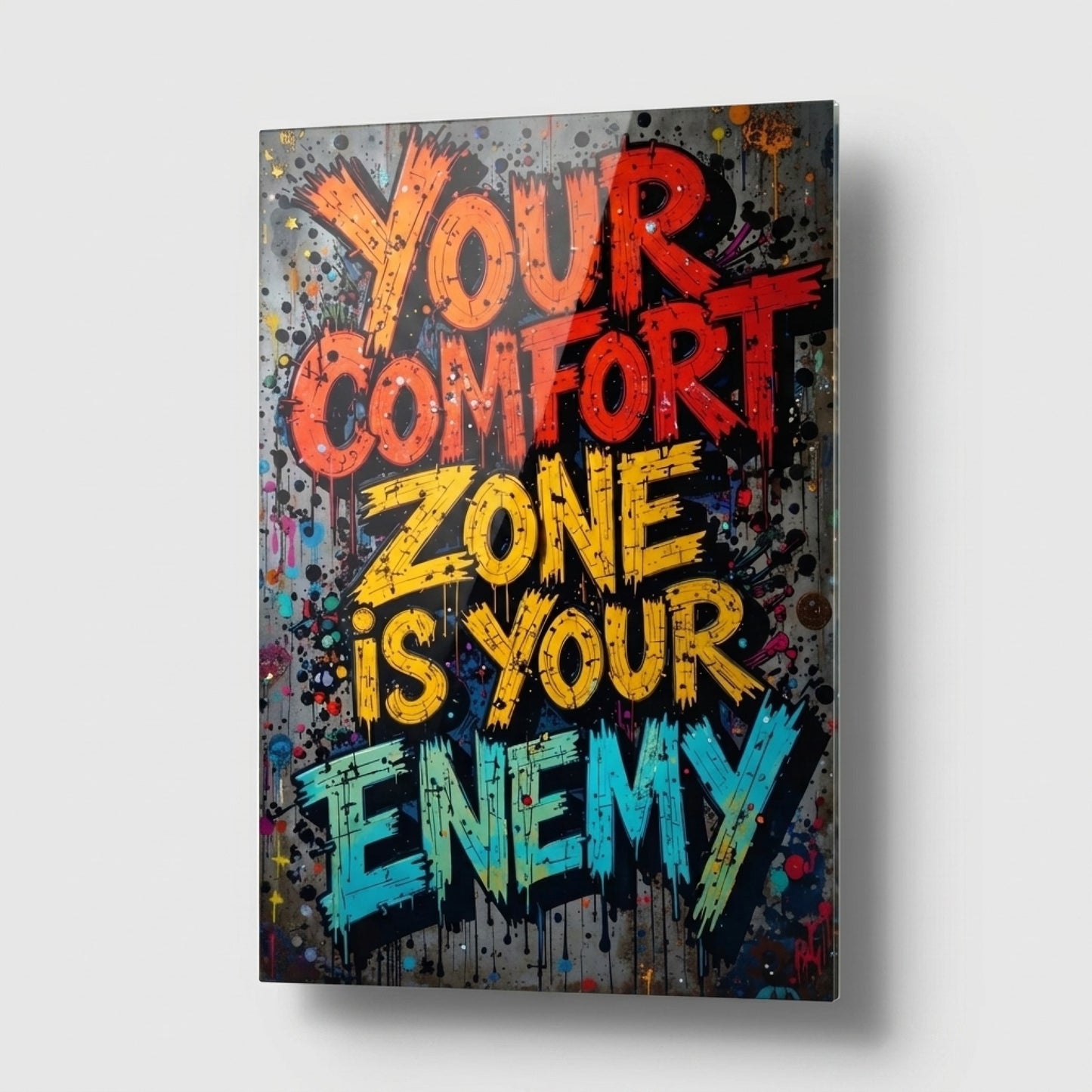 Modern Grafiti Motivasyon Sözü Dikey Cam Tablo