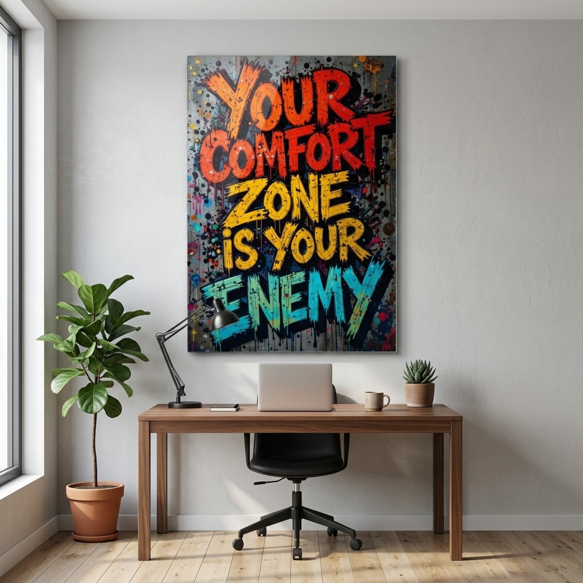 Modern Grafiti Motivasyon Sözü Dikey Cam Tablo
