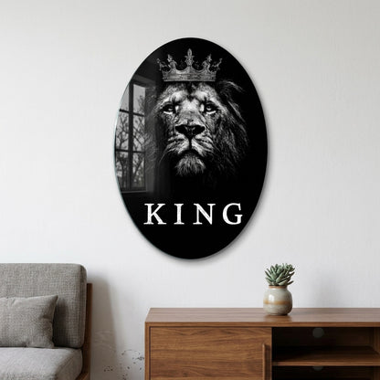 Kral Aslan Portresi Siyah Beyaz Sanat Oval Dikey Cam Tablo