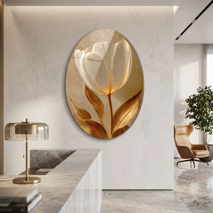 Modern Altın Dokulu Beyaz Lale Kabartma Etkili Oval Dikey Cam Tablo