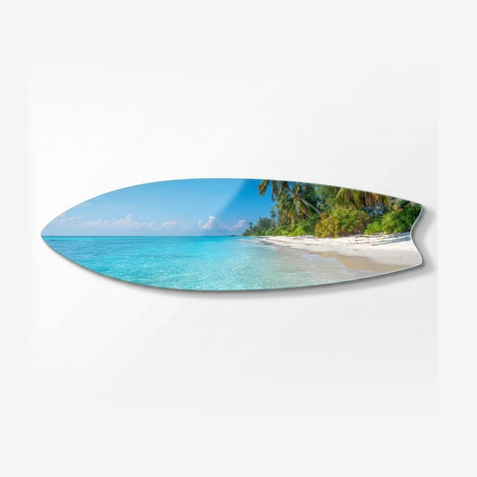 Tropikal Sahil Turkuaz Deniz Palmiye Ağaçları Surf Board Yatay Cam Tablo