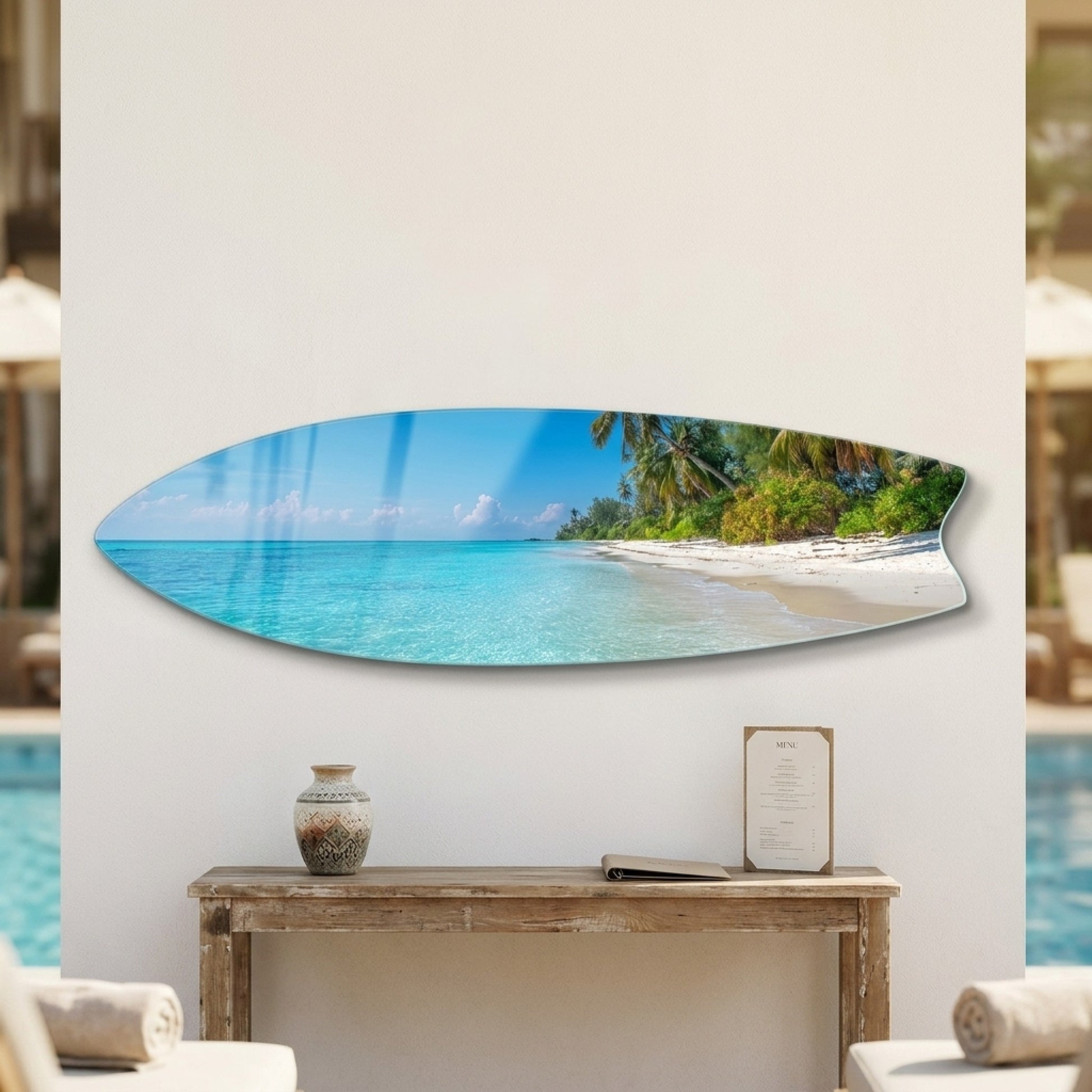 Tropikal Sahil Turkuaz Deniz Palmiye Ağaçları Surf Board Yatay Cam Tablo