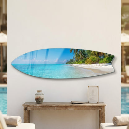 Tropikal Sahil Turkuaz Deniz Palmiye Ağaçları Surf Board Yatay Cam Tablo