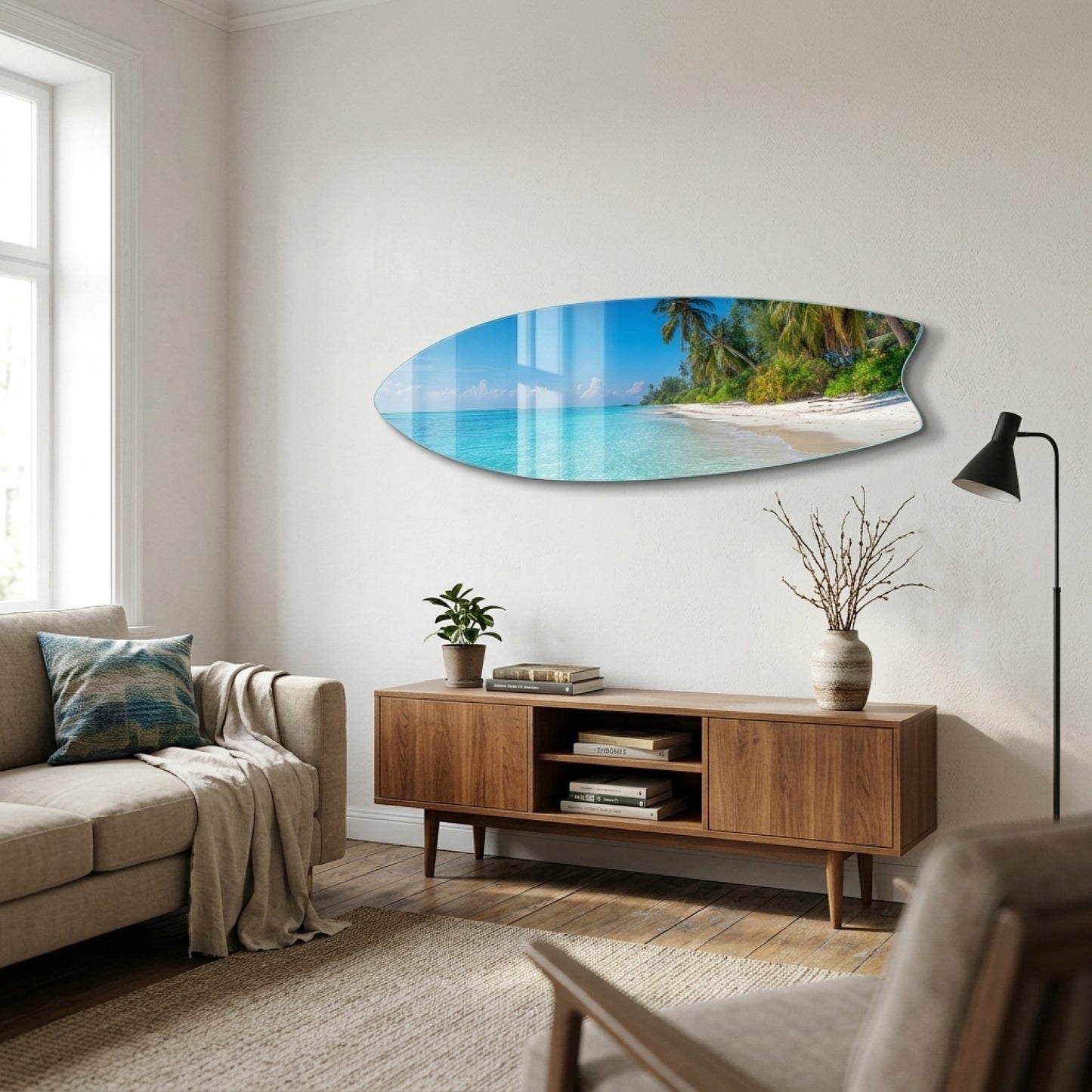 Tropikal Sahil Turkuaz Deniz Palmiye Ağaçları Surf Board Yatay Cam Tablo
