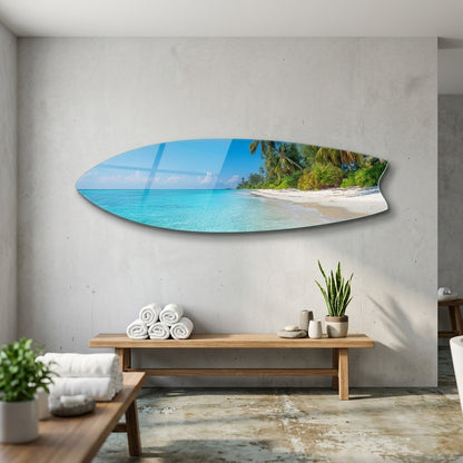 Tropikal Sahil Turkuaz Deniz Palmiye Ağaçları Surf Board Yatay Cam Tablo