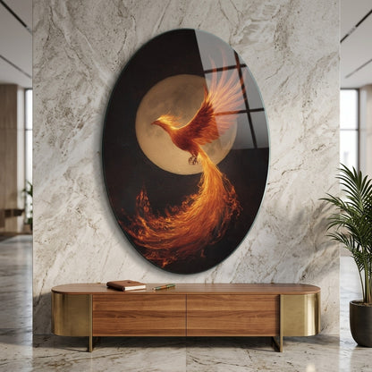 Alevli Anka Kuşu Dolunay Altında Mitolojik Sanat Oval Dikey Cam Tablo