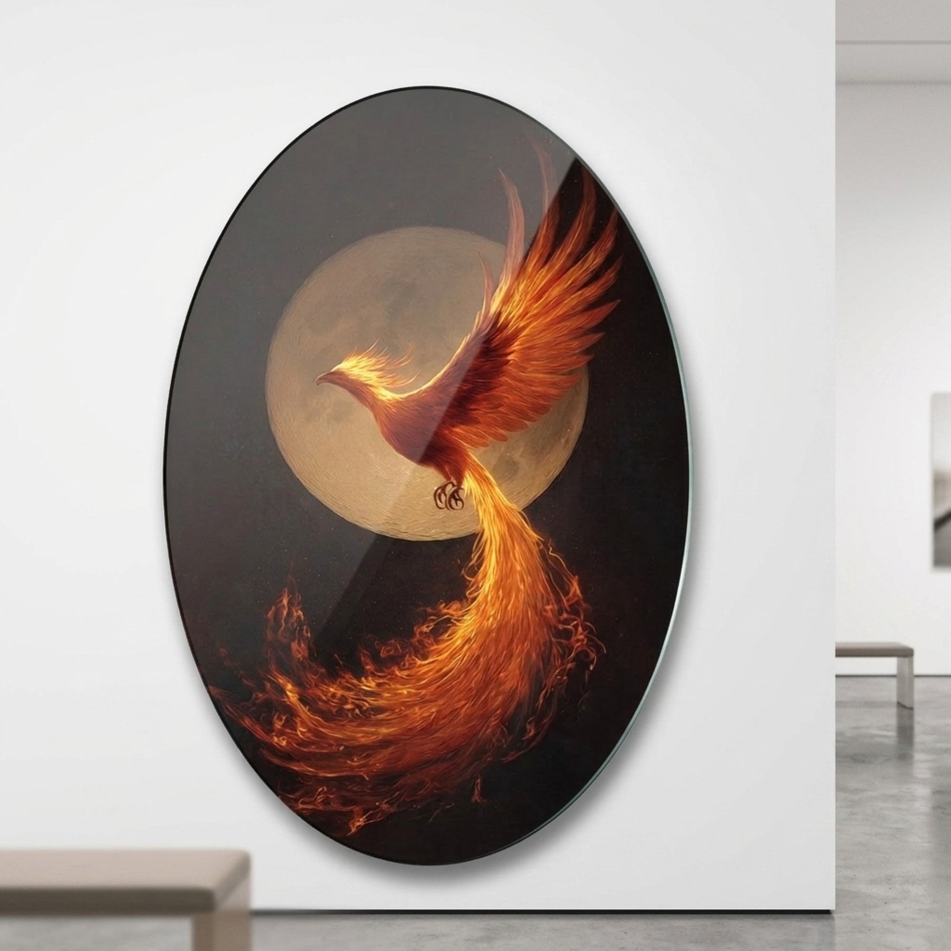 Alevli Anka Kuşu Dolunay Altında Mitolojik Sanat Oval Dikey Cam Tablo