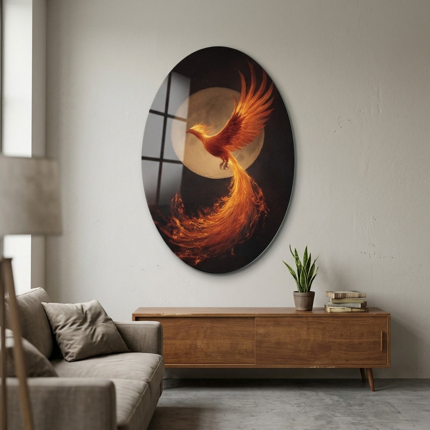 Alevli Anka Kuşu Dolunay Altında Mitolojik Sanat Oval Dikey Cam Tablo