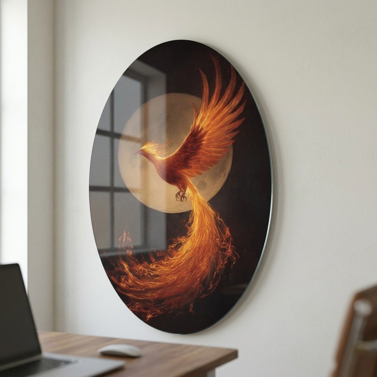 Alevli Anka Kuşu Dolunay Altında Mitolojik Sanat Oval Dikey Cam Tablo