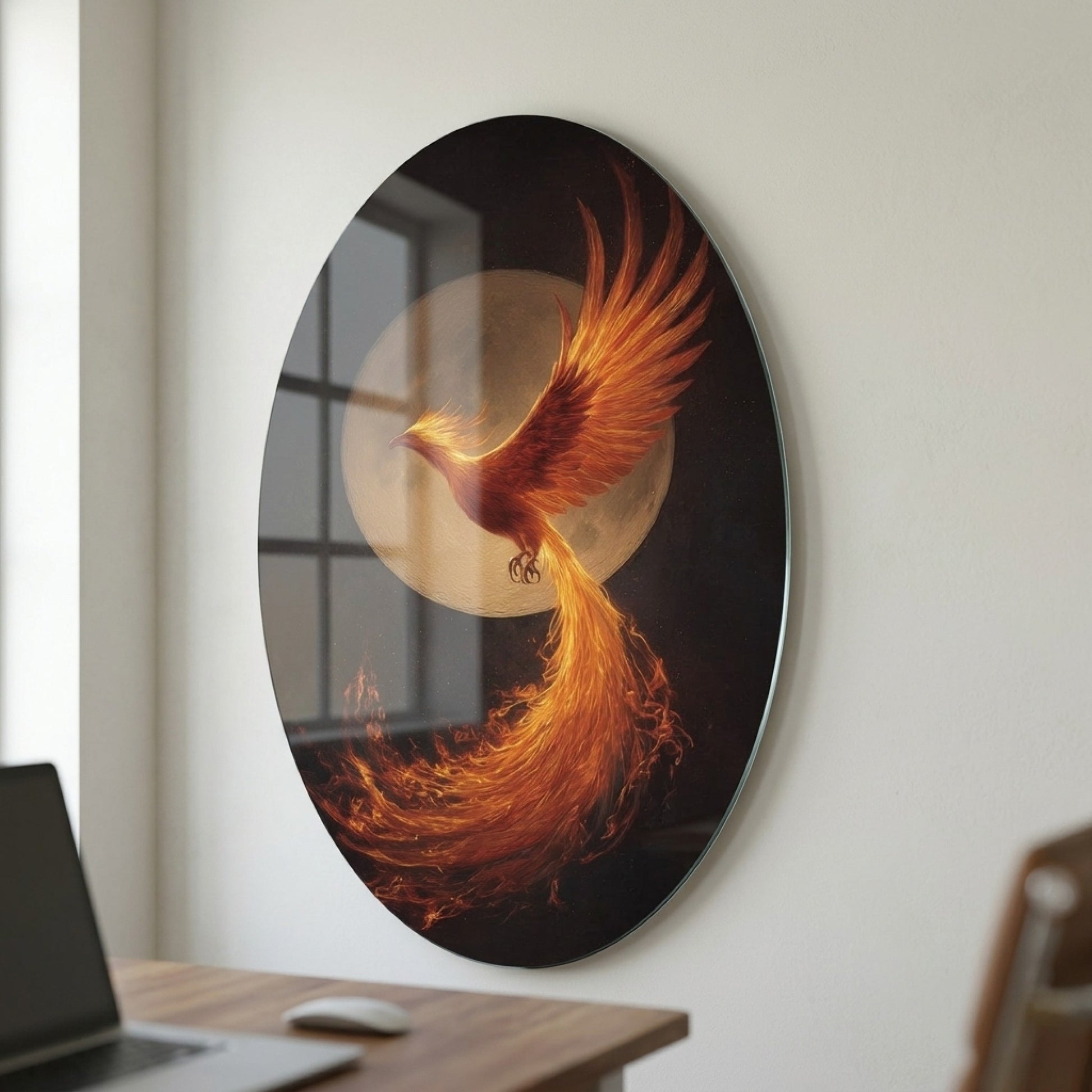 Alevli Anka Kuşu Dolunay Altında Mitolojik Sanat Oval Dikey Cam Tablo