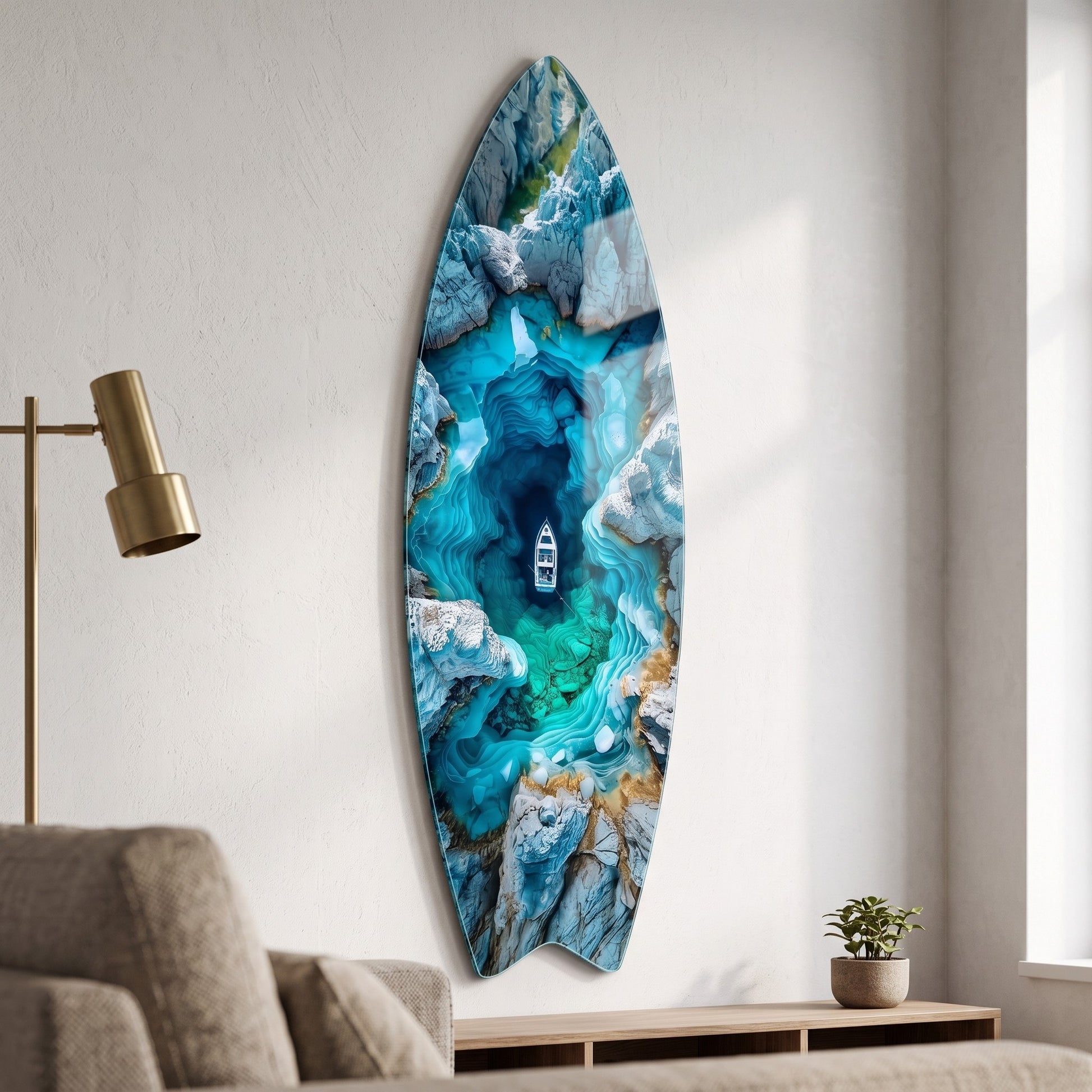 Mavi Kanyonun Derinliklerinde Yalnız Tekne Manzarası Surf Board Cam Tablo